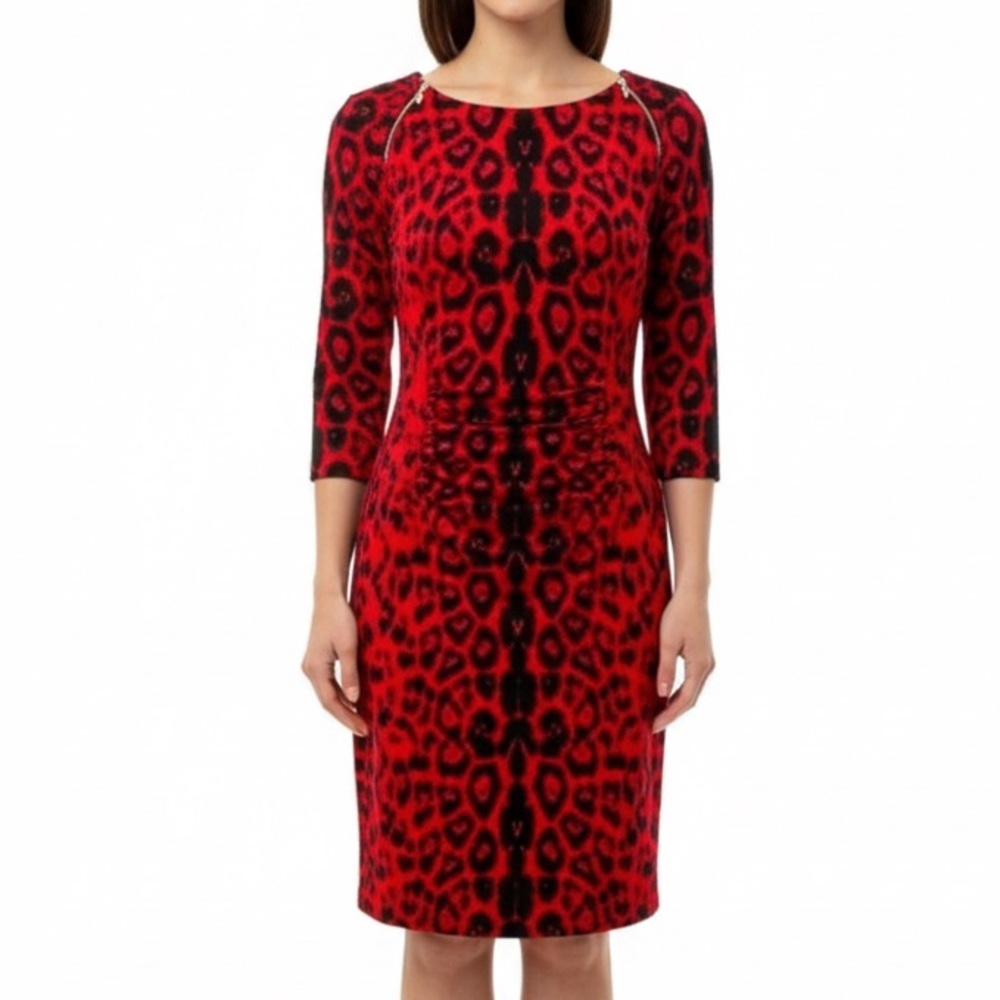 NWT Frank Lyman Sz 10 Red Black Leopard Print Ruched Bodycon Dress
